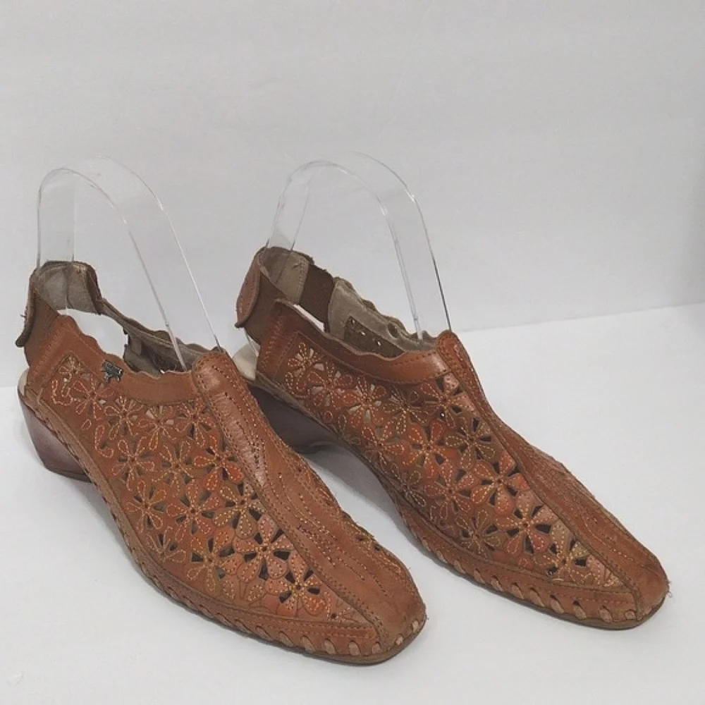 Pikolinos Floral Laser Cut Tan Leather Slingback Sandals US 6 Boho Summer Chic - Picture 3 of 15